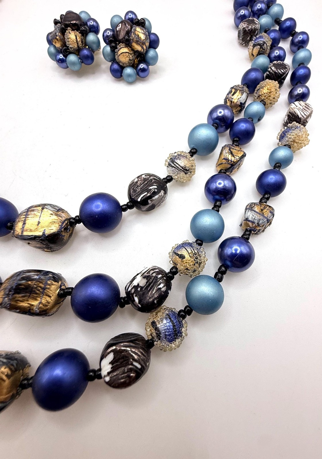 Vintage blue and gold two strand necklace and clip on earring set