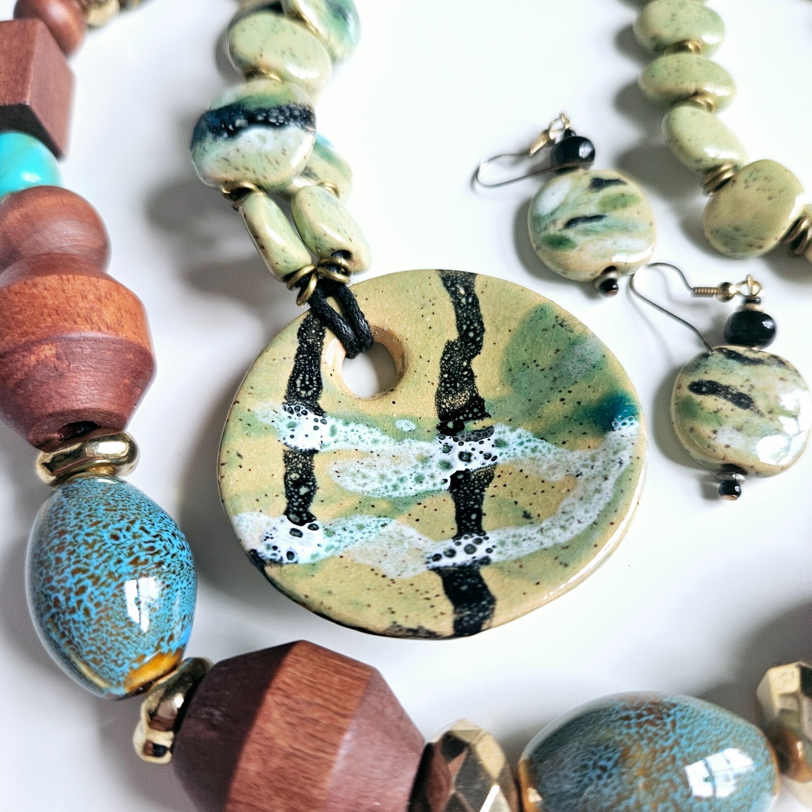 2 Necklaces Earrings Hand painted Ceramic Porcelain Geometric Wood Beads C1946