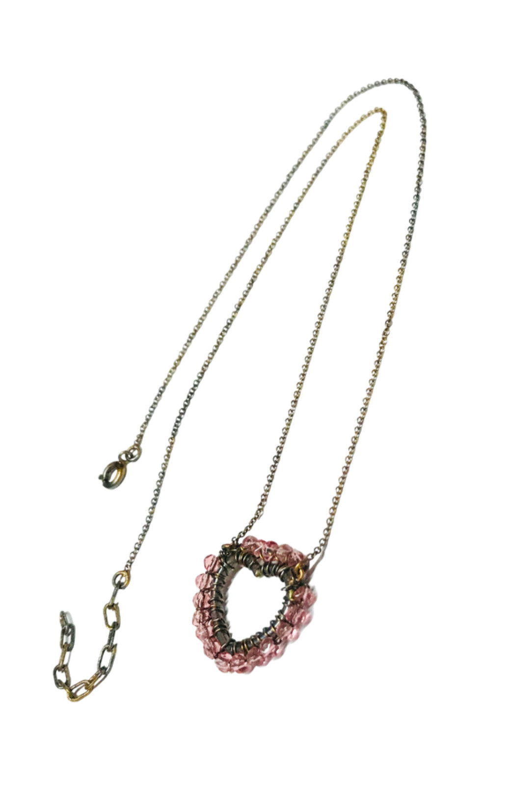 Vintage Antique Gold Tone Wire Wrapped Pink Beads Heart Pendant Necklace 19.5”