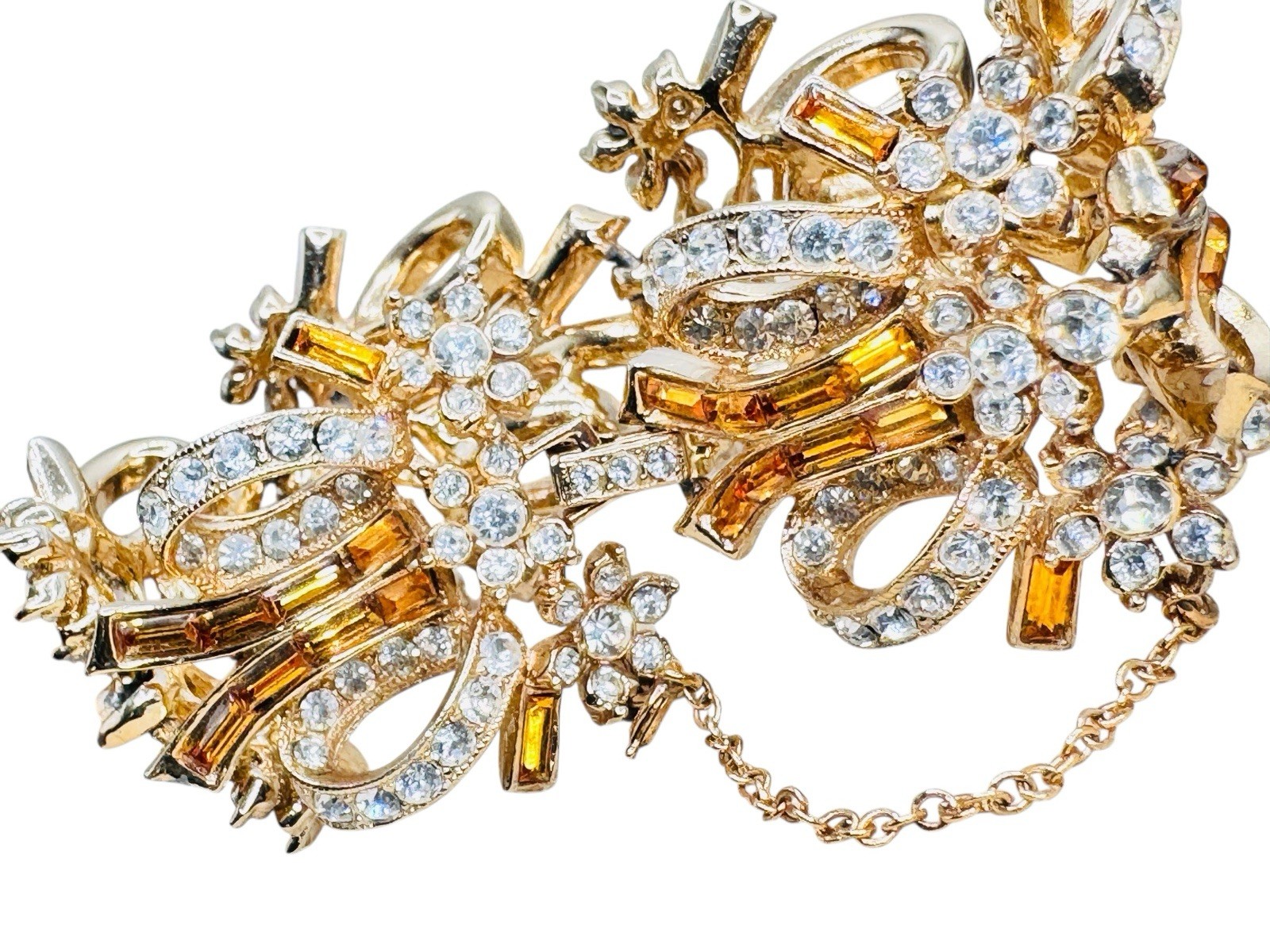 Vintage ORA Topaz Baguette Rhinestone Bracelet Stunning Ribbons & Flowers