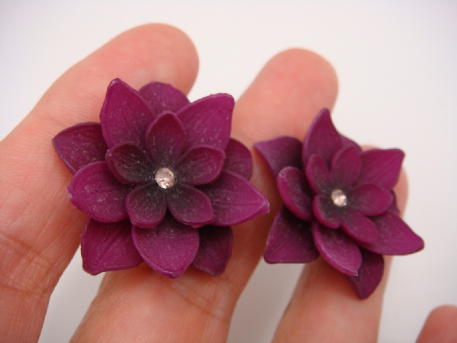 VINTAGE GES GESCH PURPLE CELLULOID THREE TIER FLOWER EARRINGS ESTATE WEST GERMAN