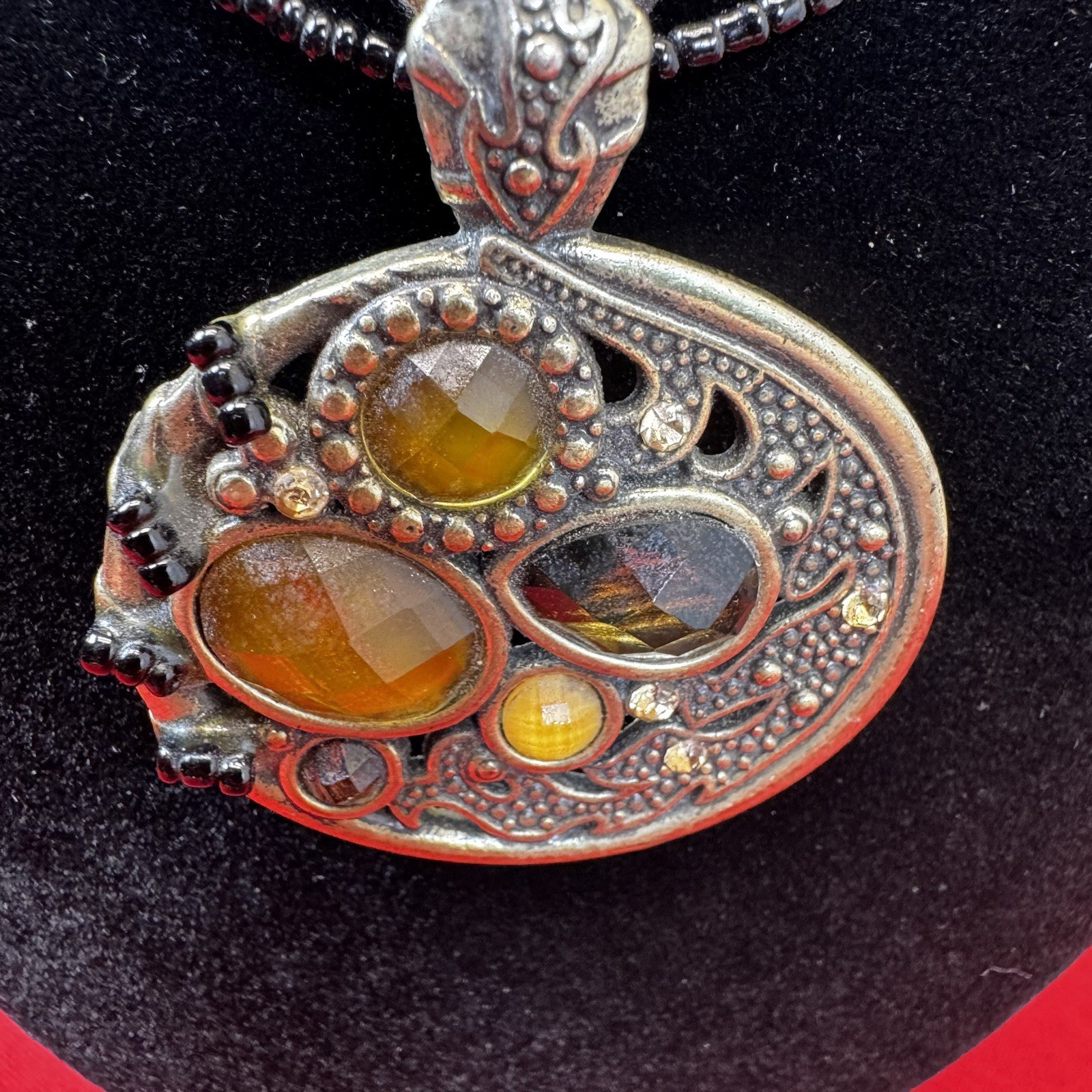 Vintage Lia Sophia Multi Strand Necklace With Large Ornate Amber Toned Stones