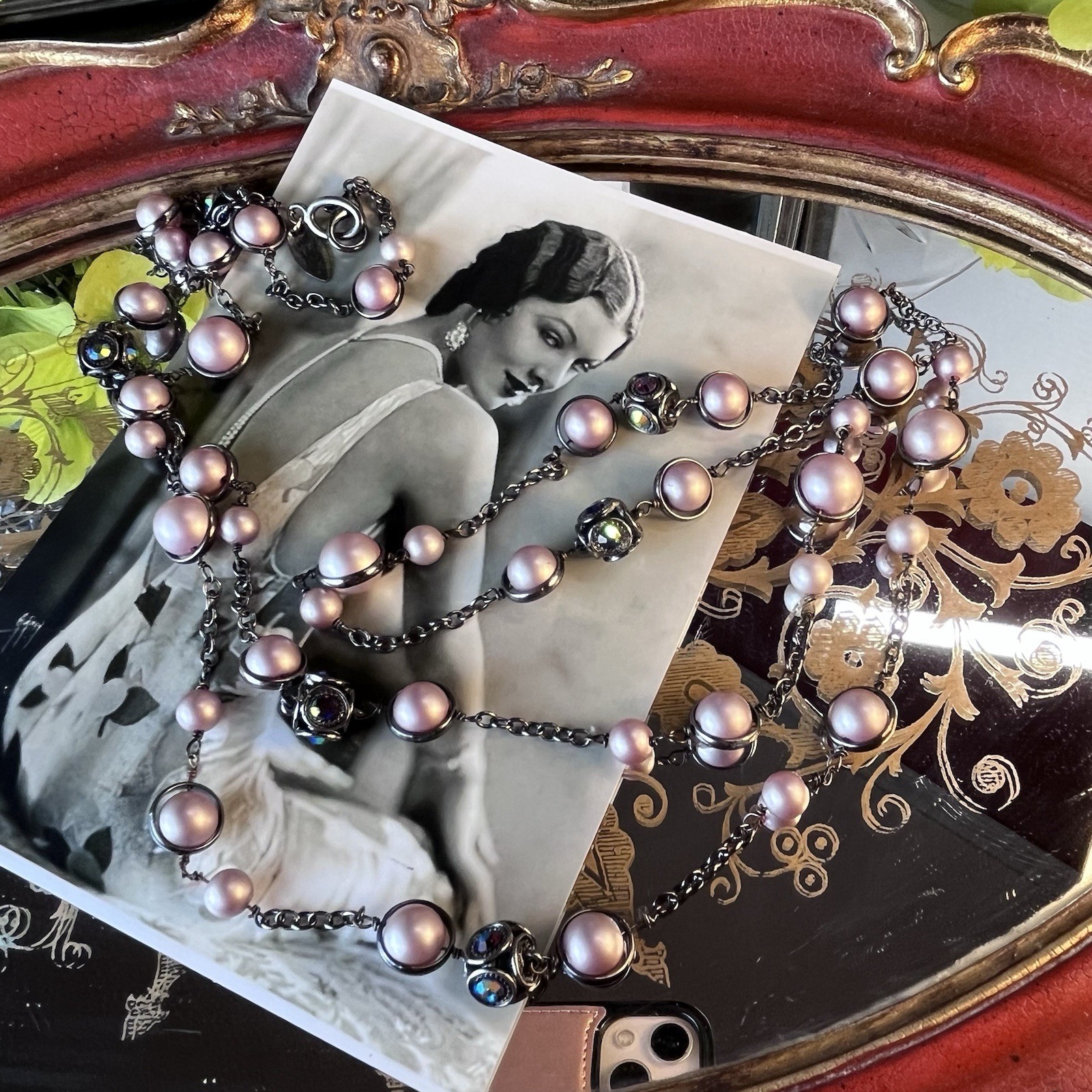 Vtg Coldwater Creek 52” Lavender Beaded Sautoir Necklace – AB Crystals -Gunmetal