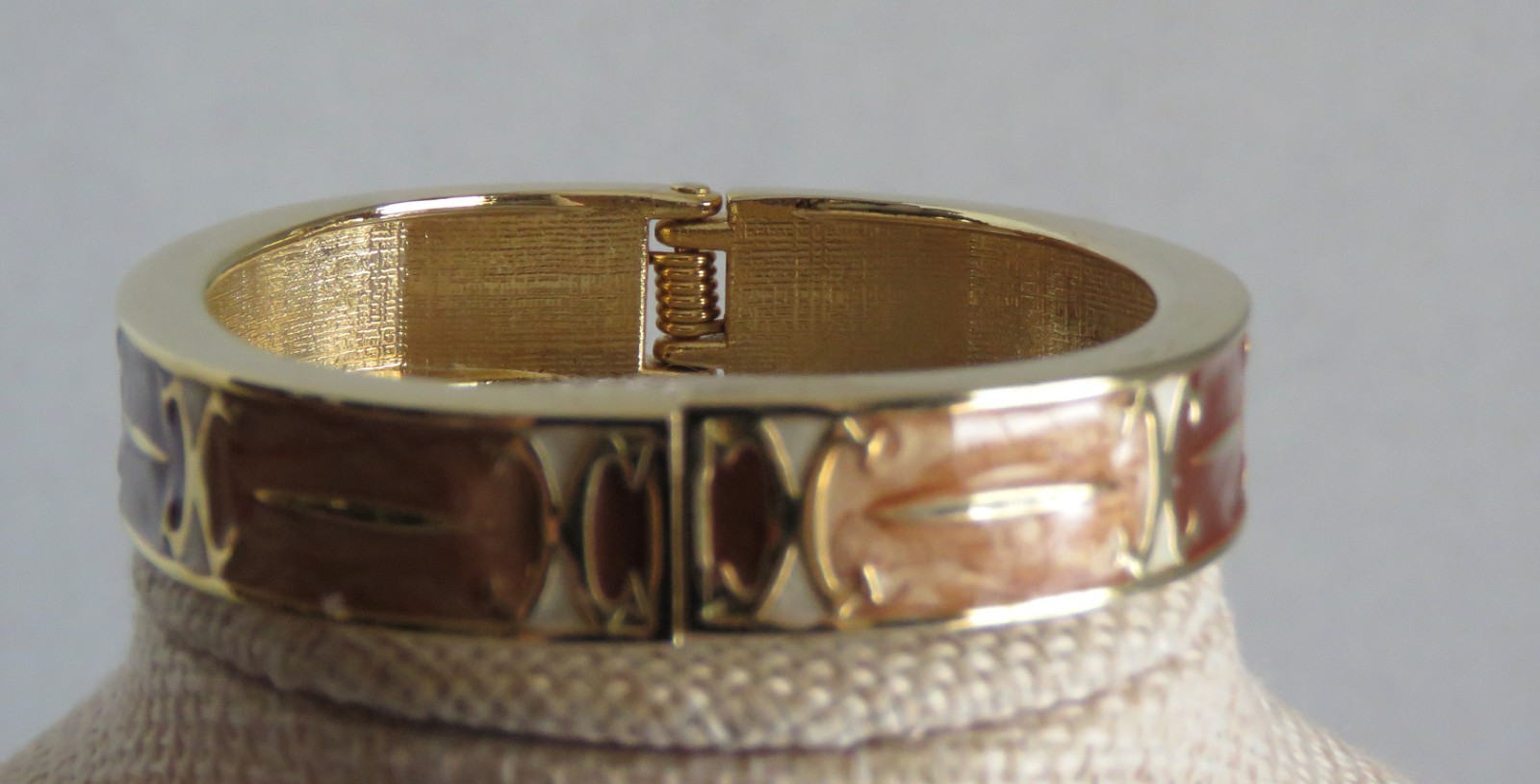 Bracelet Hinged Cuff Gold Tone with Brown Tan Cream Enamel Retro
