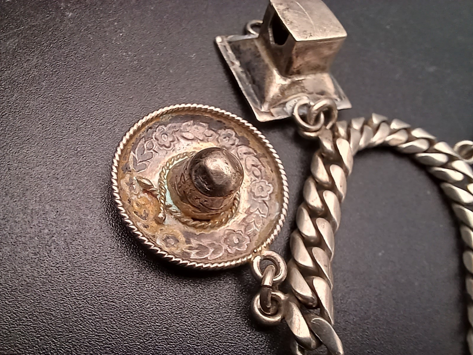 Vtg ROSI Mexican Sterling Silver Charm Bracelet 44g Aztec Calendar Sombrero 925