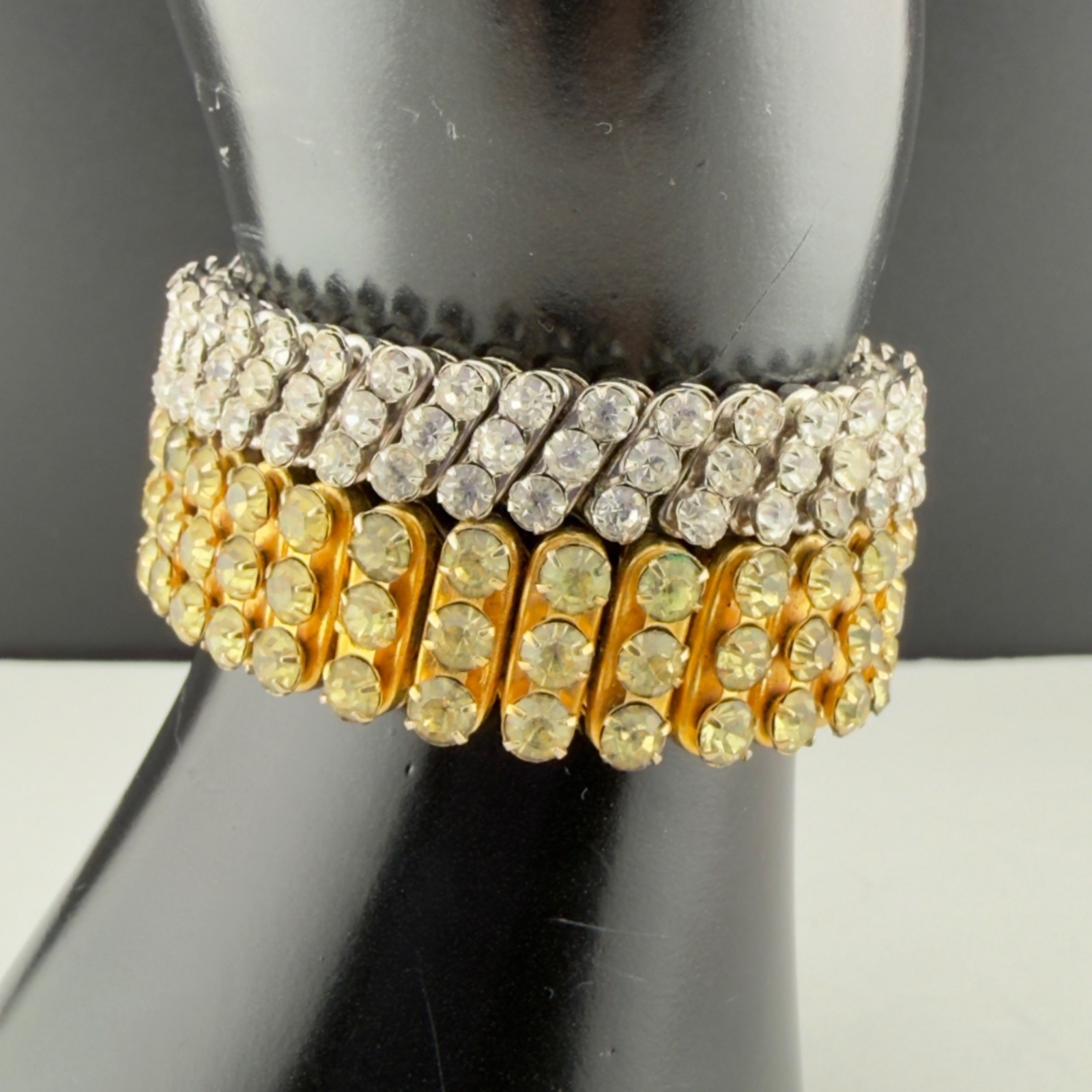 Vintage Rhinestone Expansion Bracelets Set of 2 Stretch Silver/Gold Tone 3 Row