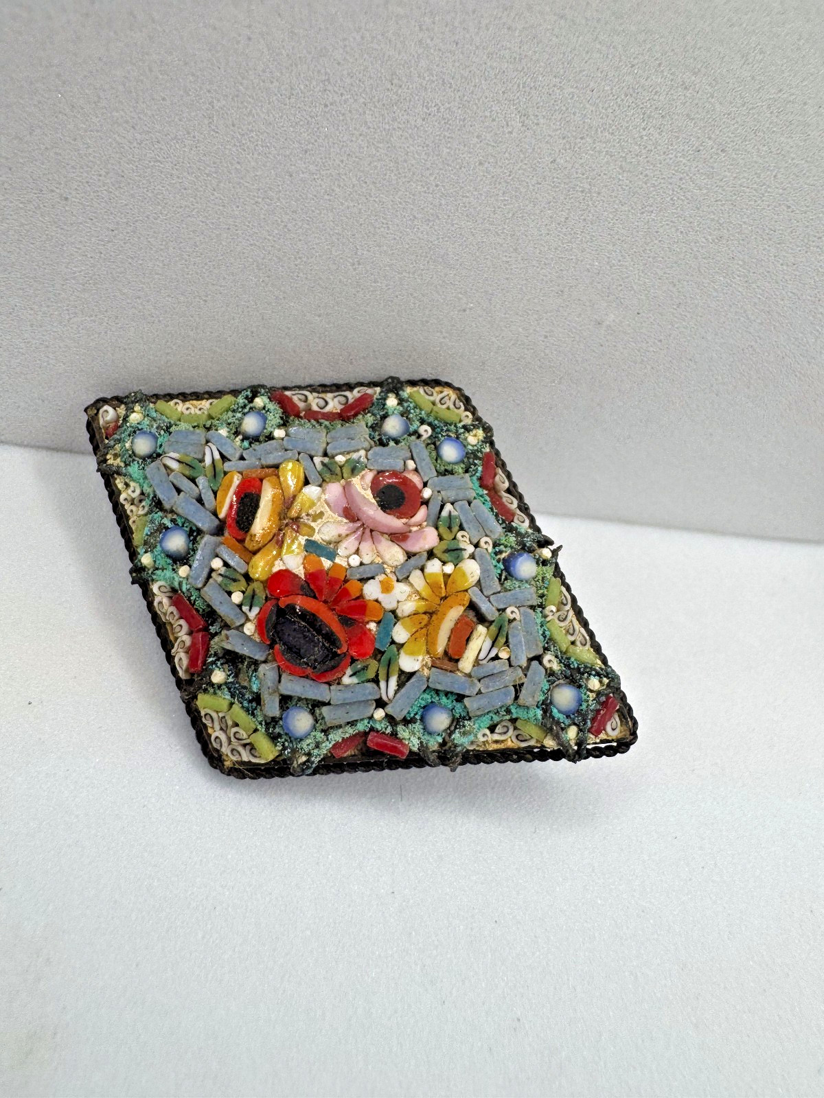 Vintage Italian Micro Mosaic Floral Brooch Pin Diamond Lozenge Glass Tile Italy