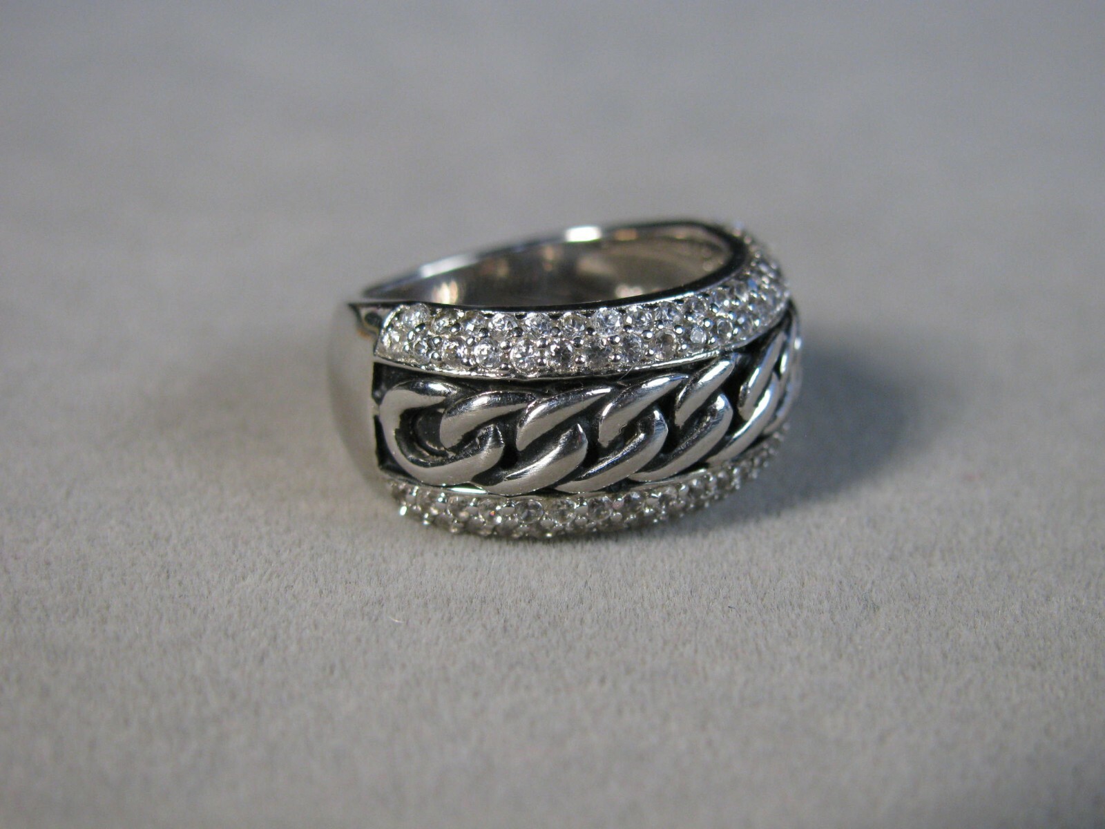 Vintage Sterling Silver Chain Link Look W/ Encrusted CZs Ring 5.5g Size 5 #J3215