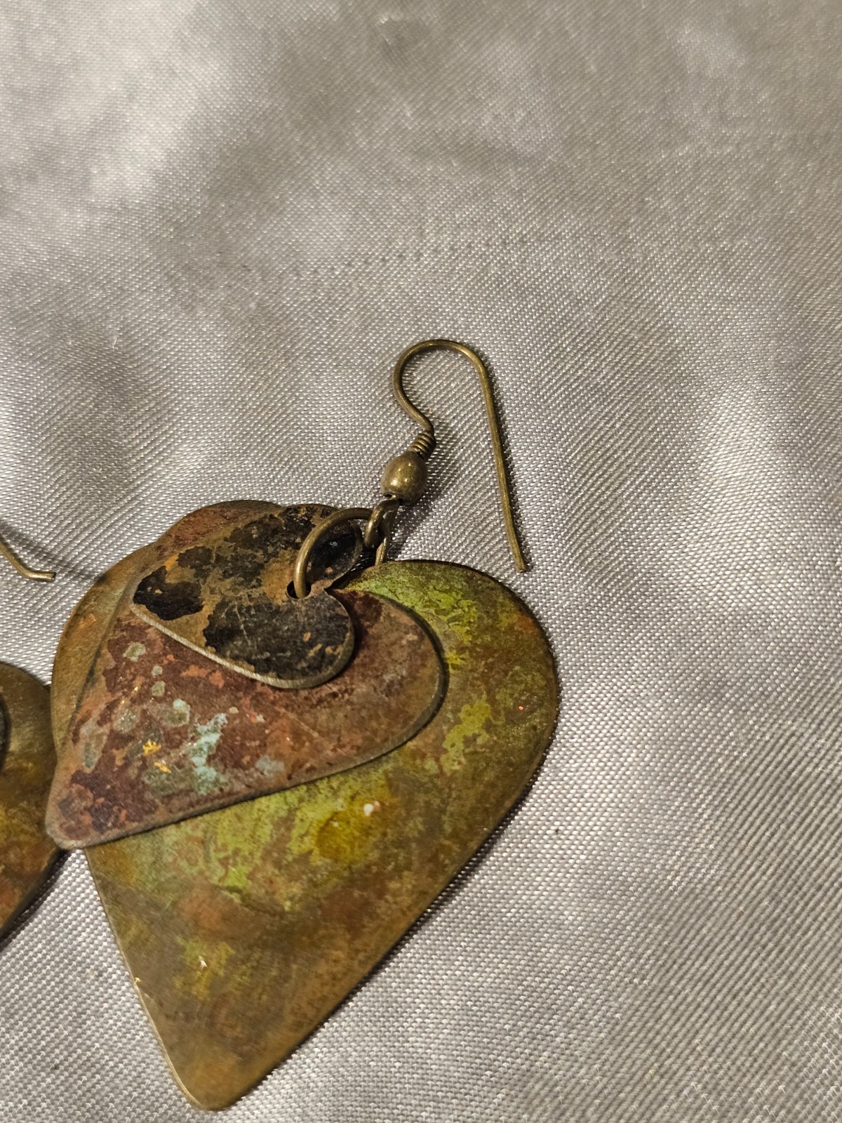 Vintage Patina Heart Earrings Layered Brass Hearts with Rustic Boho Finish