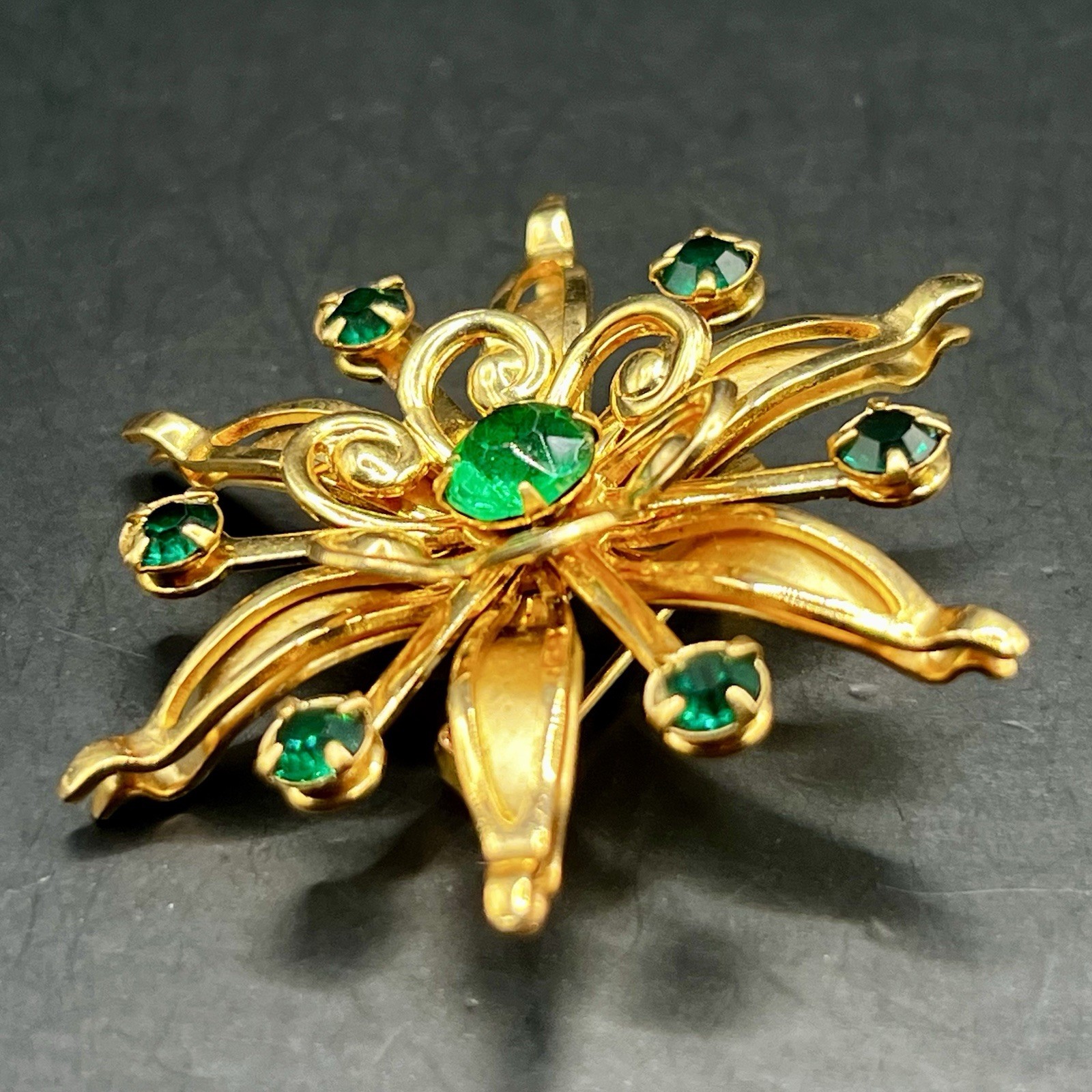 Vtg Rhinestone Brooch 2 pc Lot Green Starburst Red Snowflake Flower *See Notes