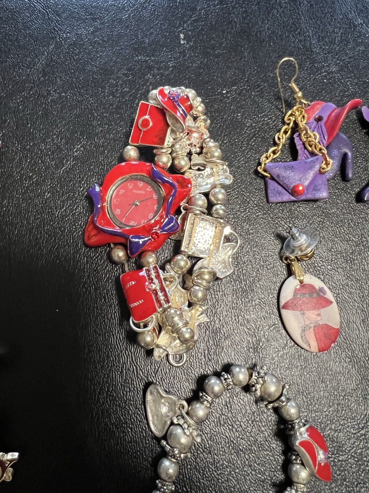 Red Hat Society Jewelry Lot Of 54 Brooches Bracelets Watch Necklaces Charms Box