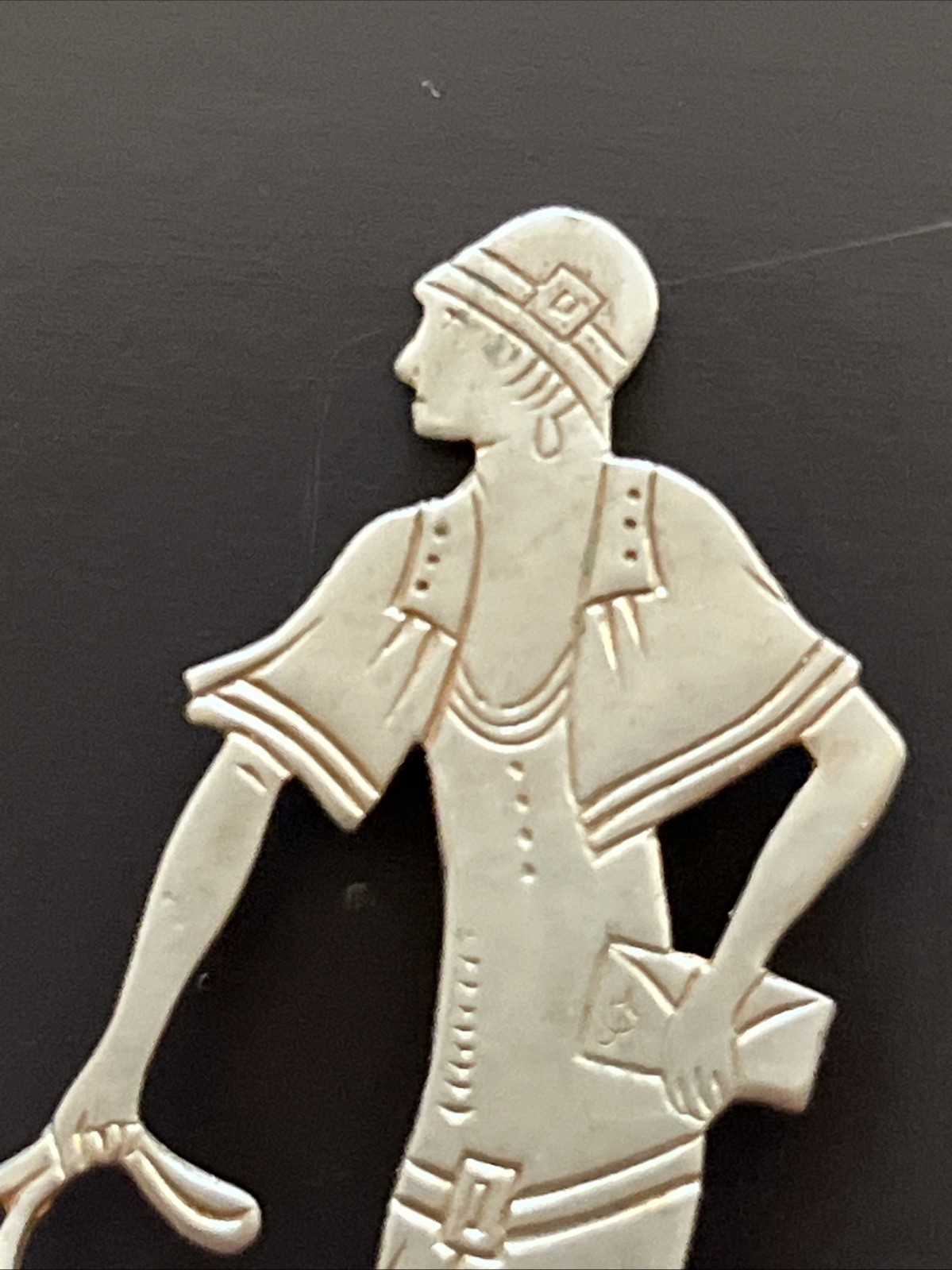 RARE Vogue ART DECO 1920s Vintage CHROME Lady Walking DOG Brooch PIN