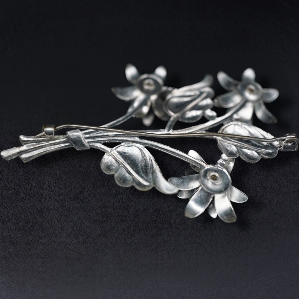 Vintage Floral Bouquet 3.5 in Brooch Blue Bead Silver Tone Statement Pin Retro