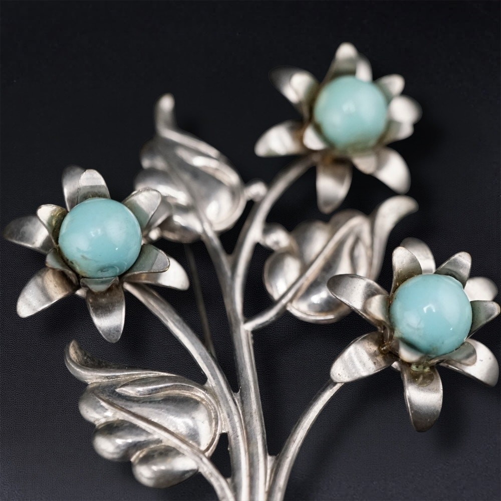 Vintage Floral Bouquet 3.5 in Brooch Blue Bead Silver Tone Statement Pin Retro