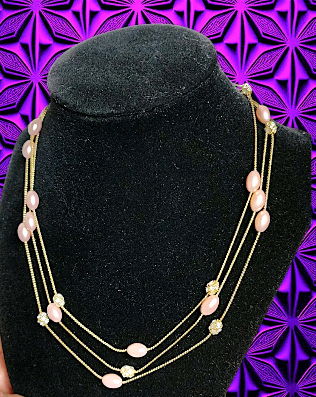 Vintage Monet 3-Strand Gold Tone Necklace Oval Bead Pave Rhinestone Ball 16″-18″