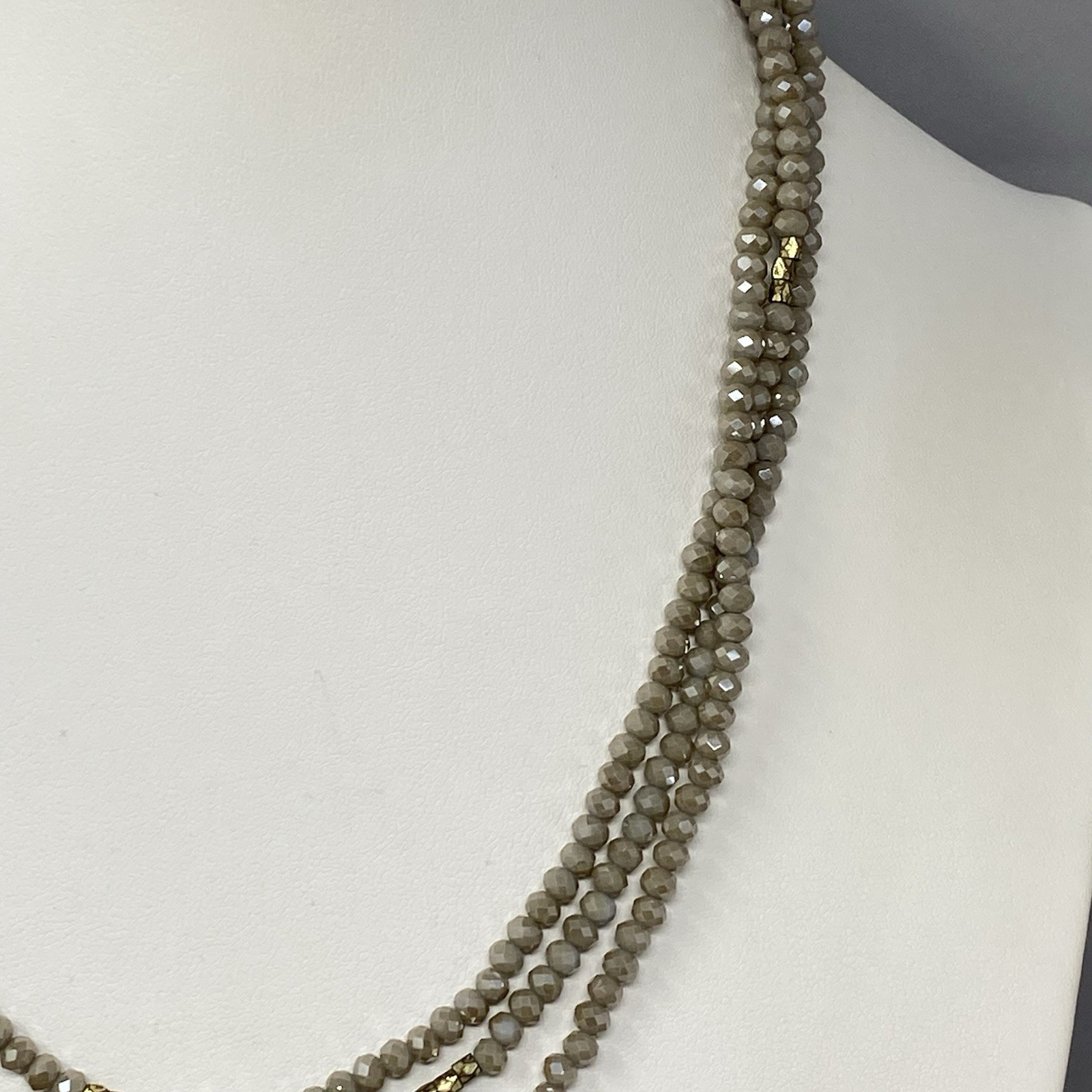 Cream Fire Polished Glass Bead Necklace Surface Coated Long Tan Faceted 60″