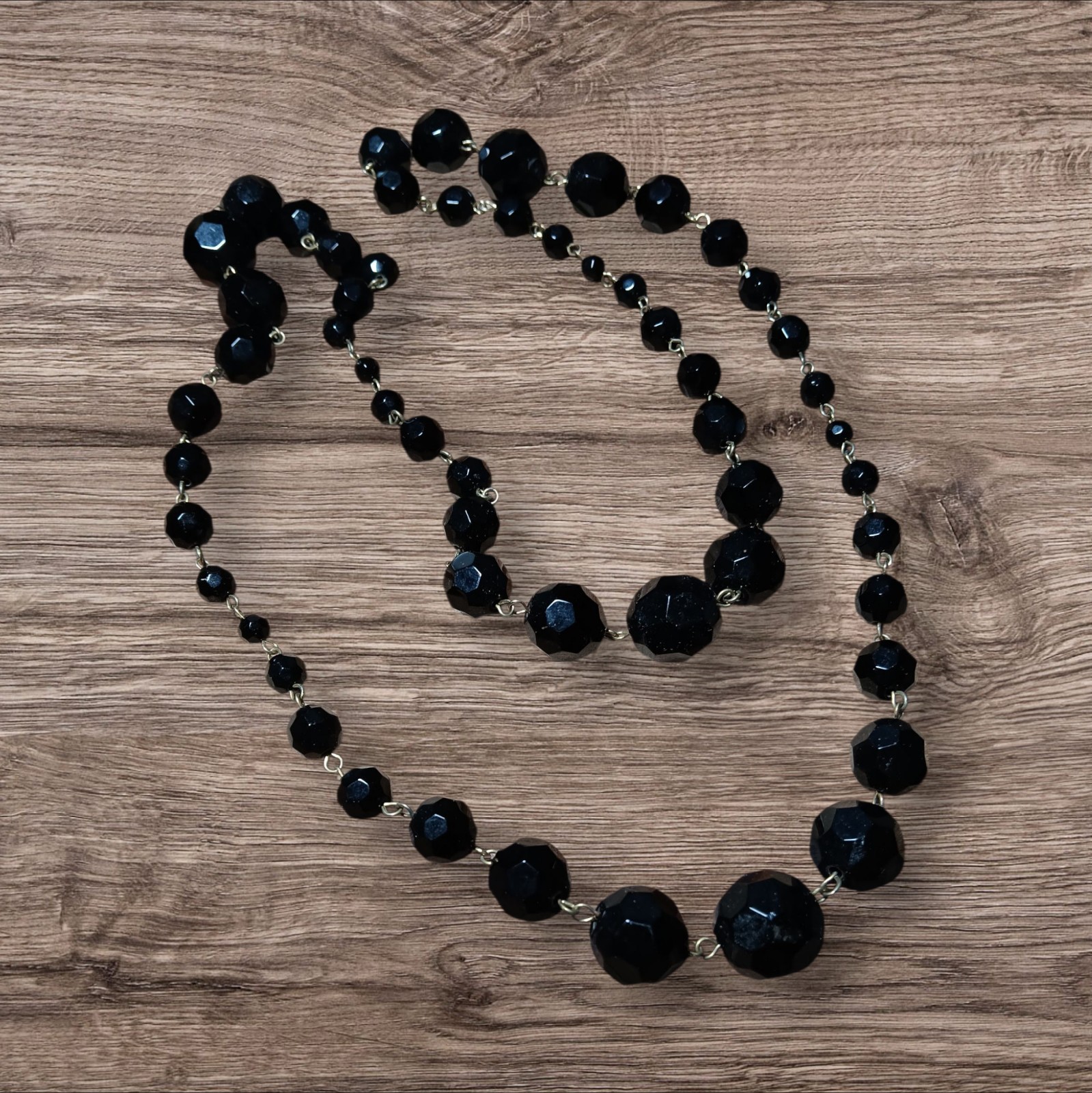Necklace Long Heavy Faceted Jet Black Graduated Bead Rosary Style Chain Link 36″