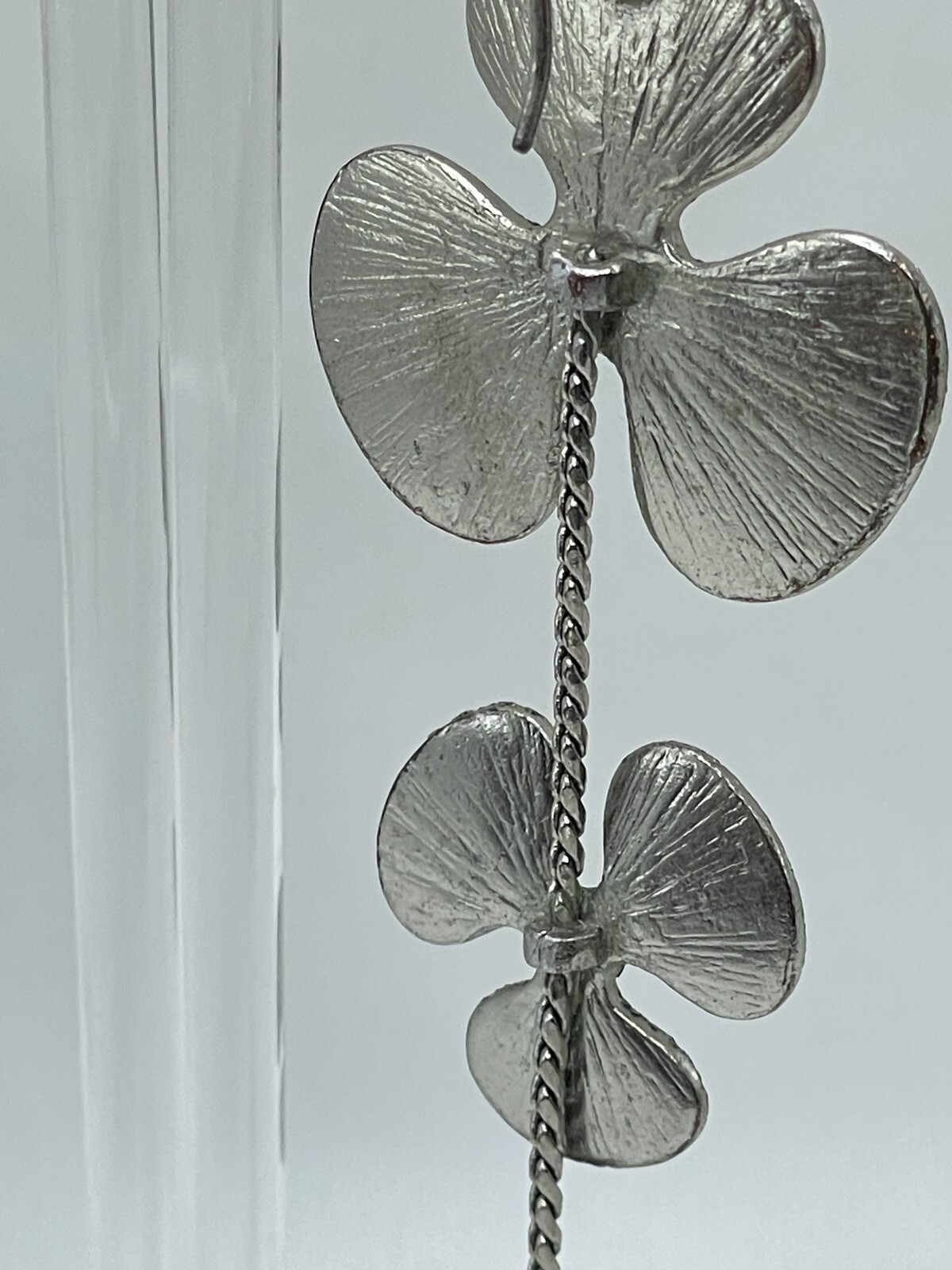 Modernist Brushed Silver Poppy Flower Illusion Dangle Earrings Statement
