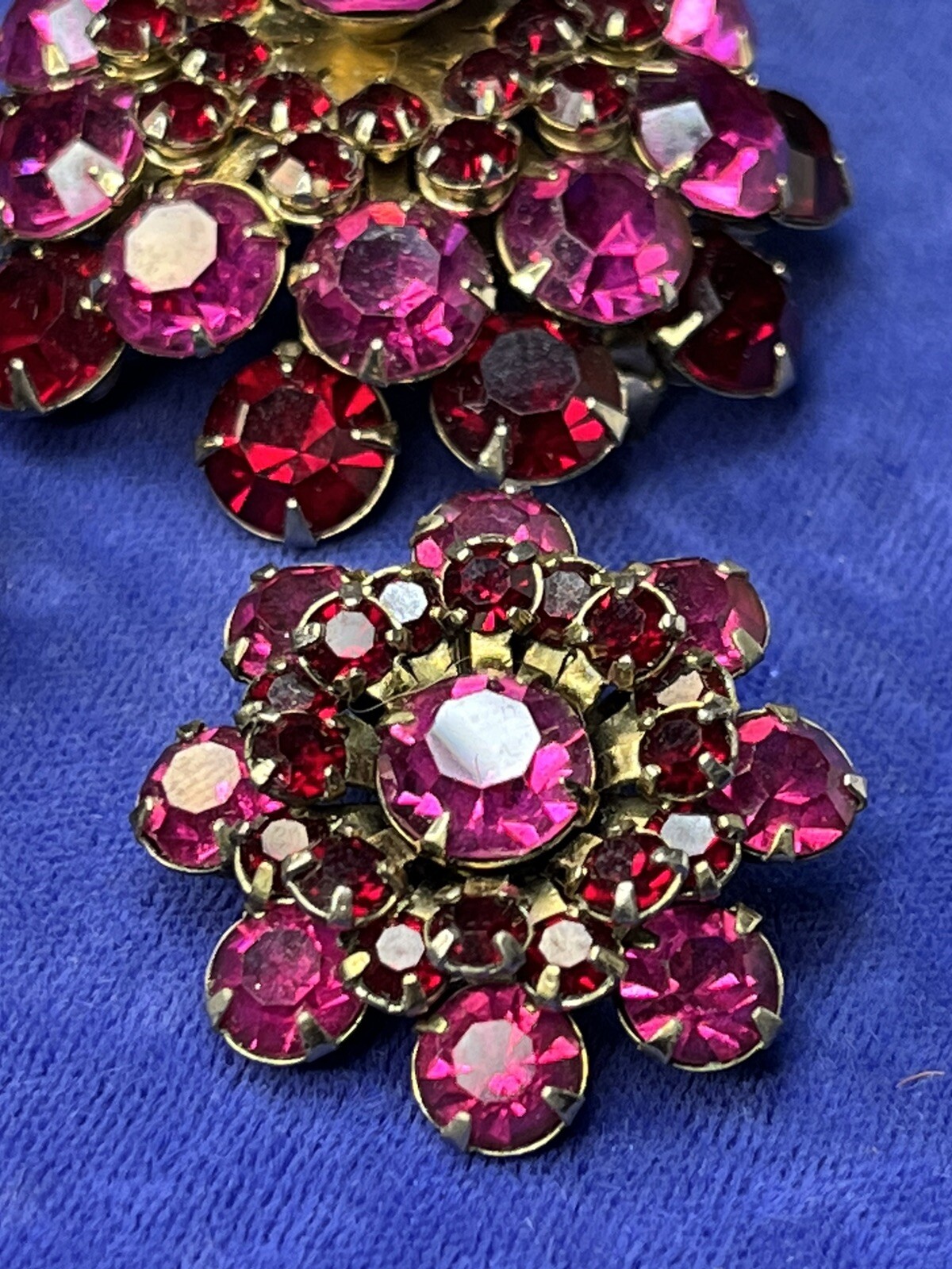 Vintage Rhinestone Dome Brooch Crystal Fuchsia Pink Red Garnet Layered Earrings