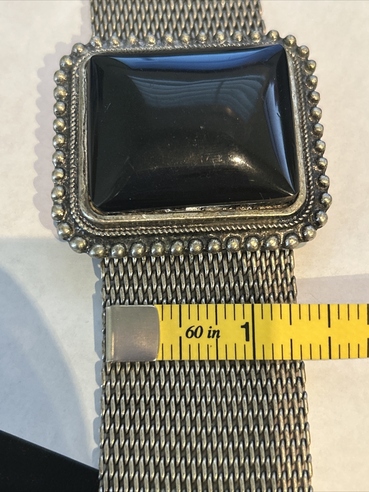 Chunky Vintage Look Silver Tone With Black Central Stone Art Deco Mesh Bracelet