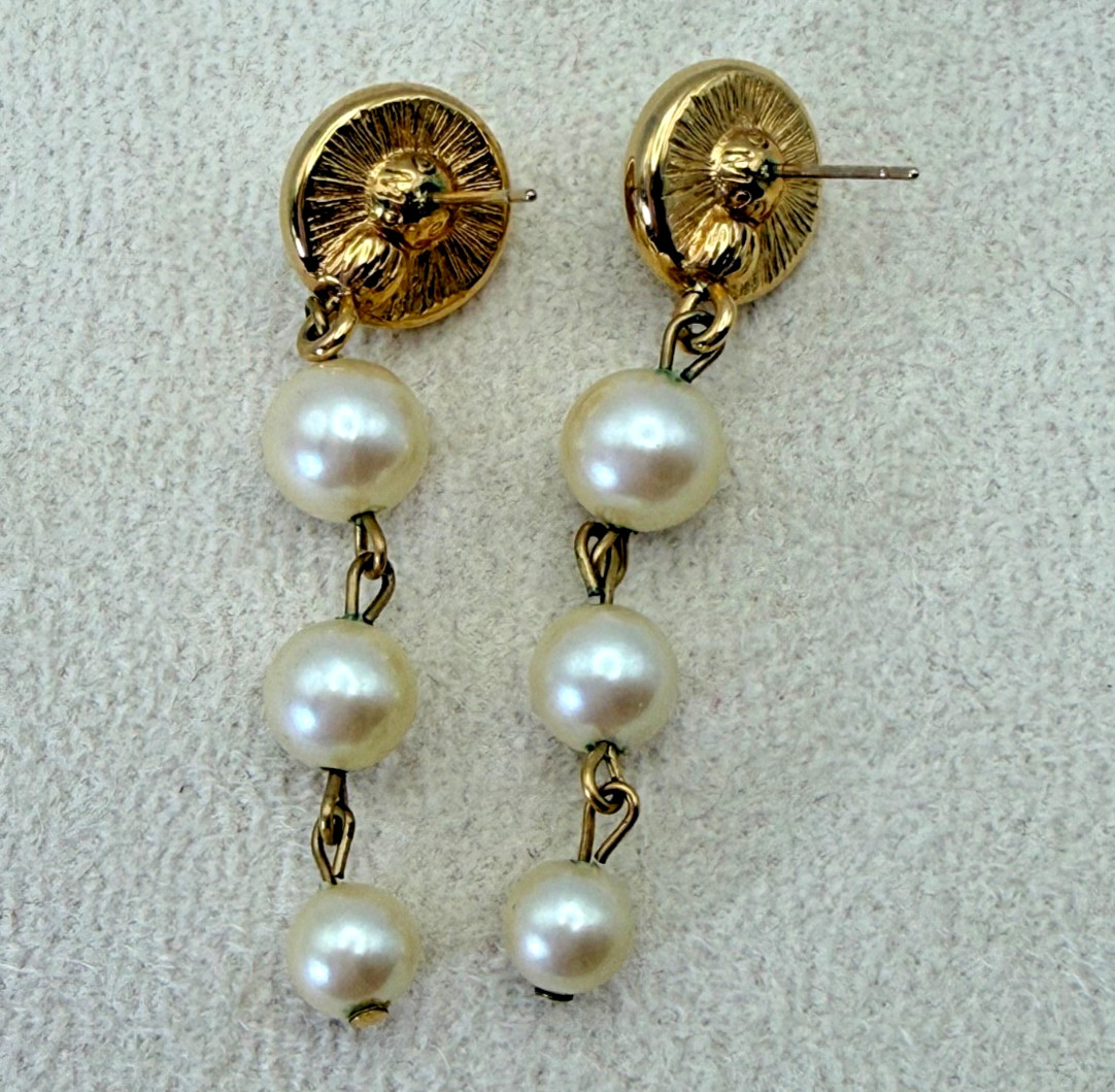 Vintage Faux Pearl Gold Tone Dangle Earrings Classic Drop Bridal