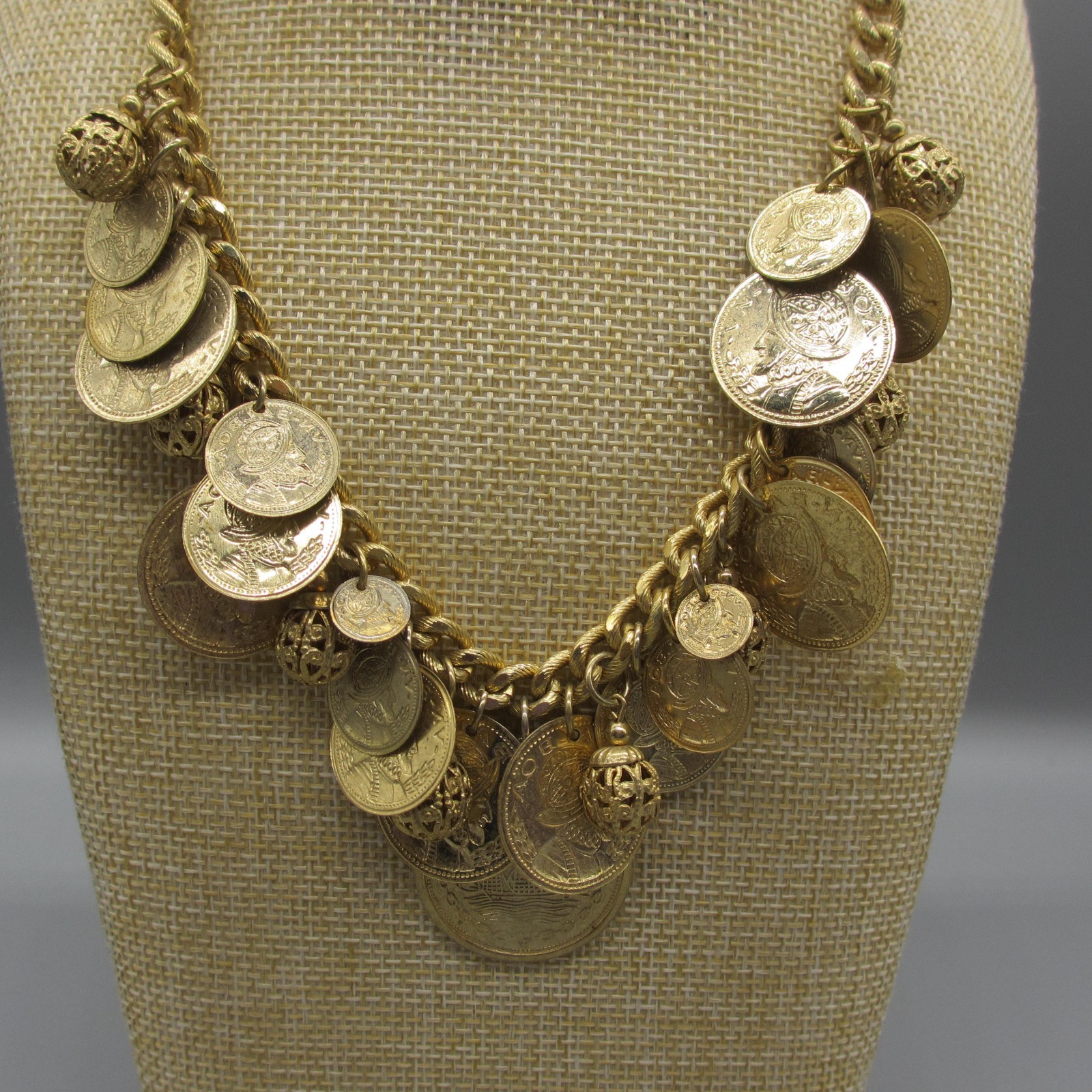 Vintage Faux Coin Necklace Charm Dangle Roman Soldier Gold Tone 18 Inch