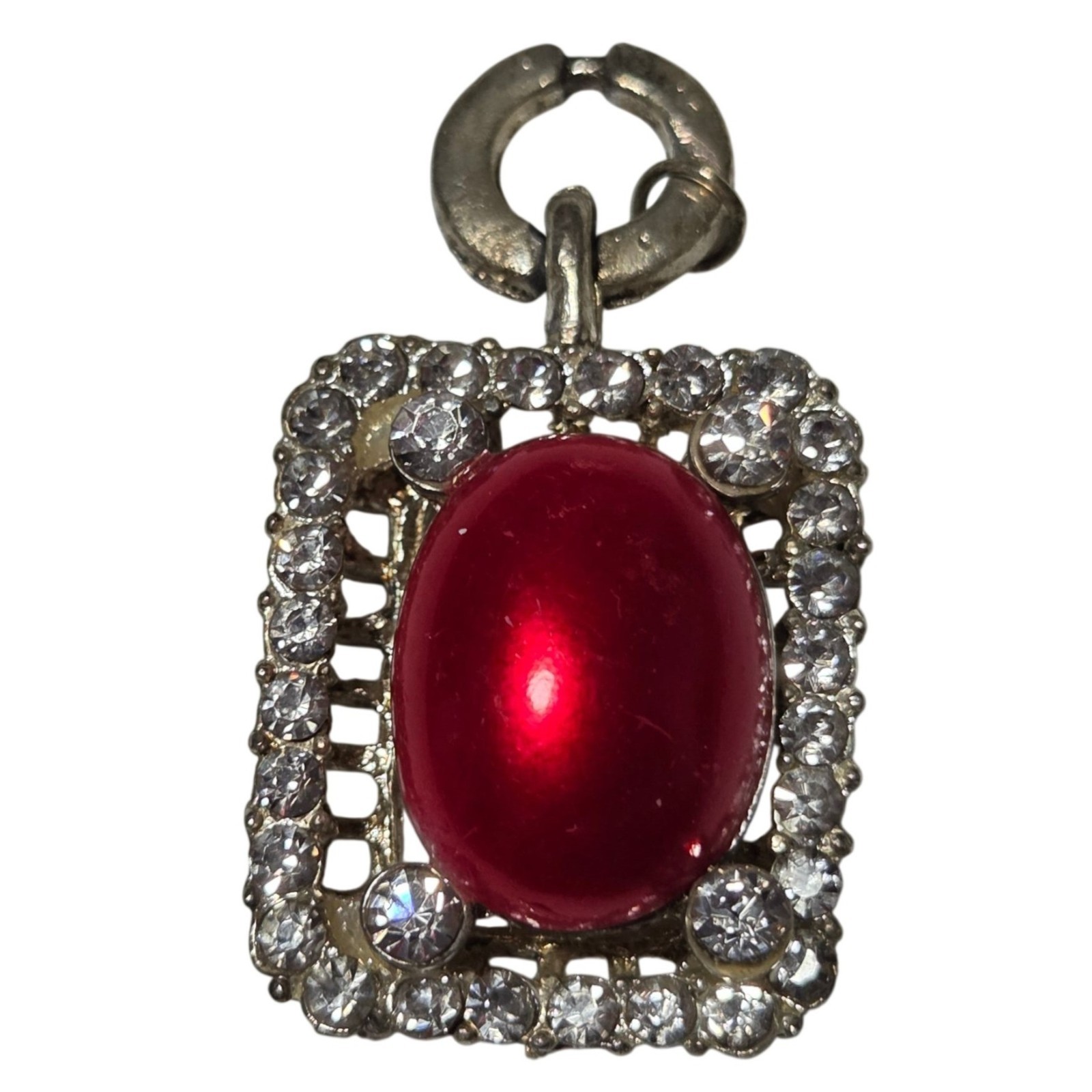 Vintage Red Gem Pendant Rhinestone Accents Gold Tone Rectangule Retro Fashion