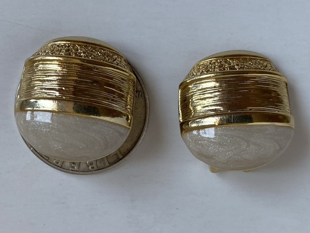 Vtg ORENA Paris Signed Clip On Earrings Gold Alloy & Sparkly White Faux Pearl