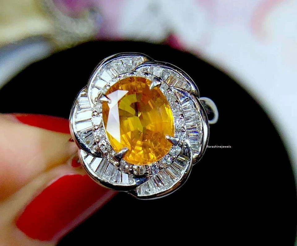 Orange Yellow Oval Shape 2.69CT Citrine With Sparkling White CZ Cluster Ring FN