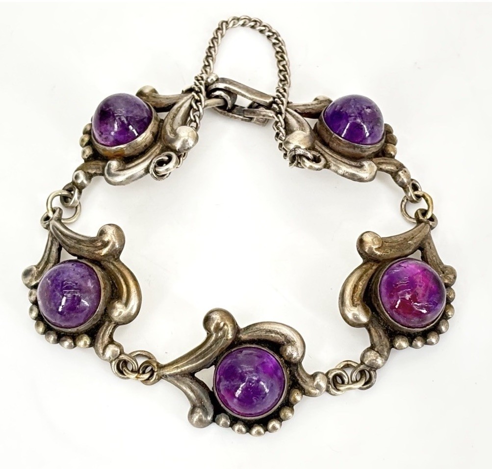 VTG LOS CASTILLO Taxco Sterling Silver Amethyst Floral Scrollwork Panel Bracelet