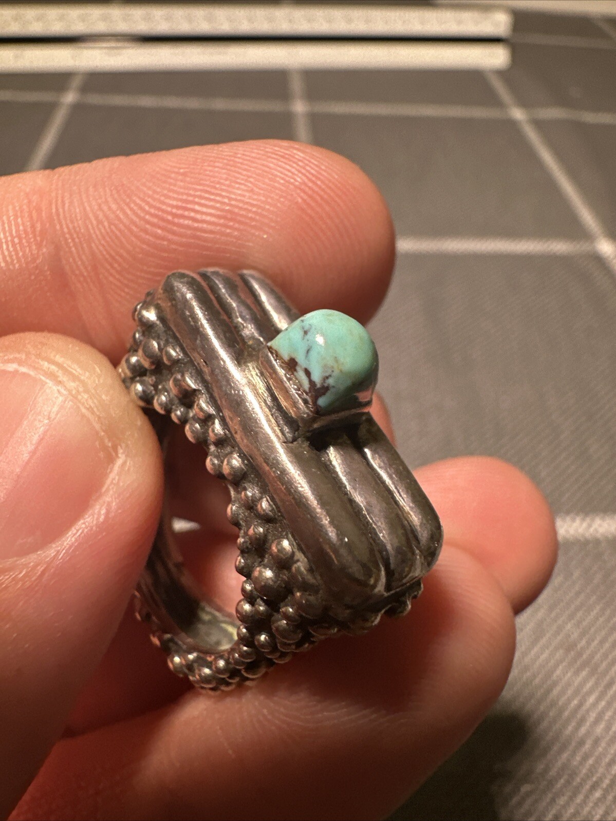 Vintage Dian Malouf Sterling Silver 14k Turquoise Statement Ring Size 7.25