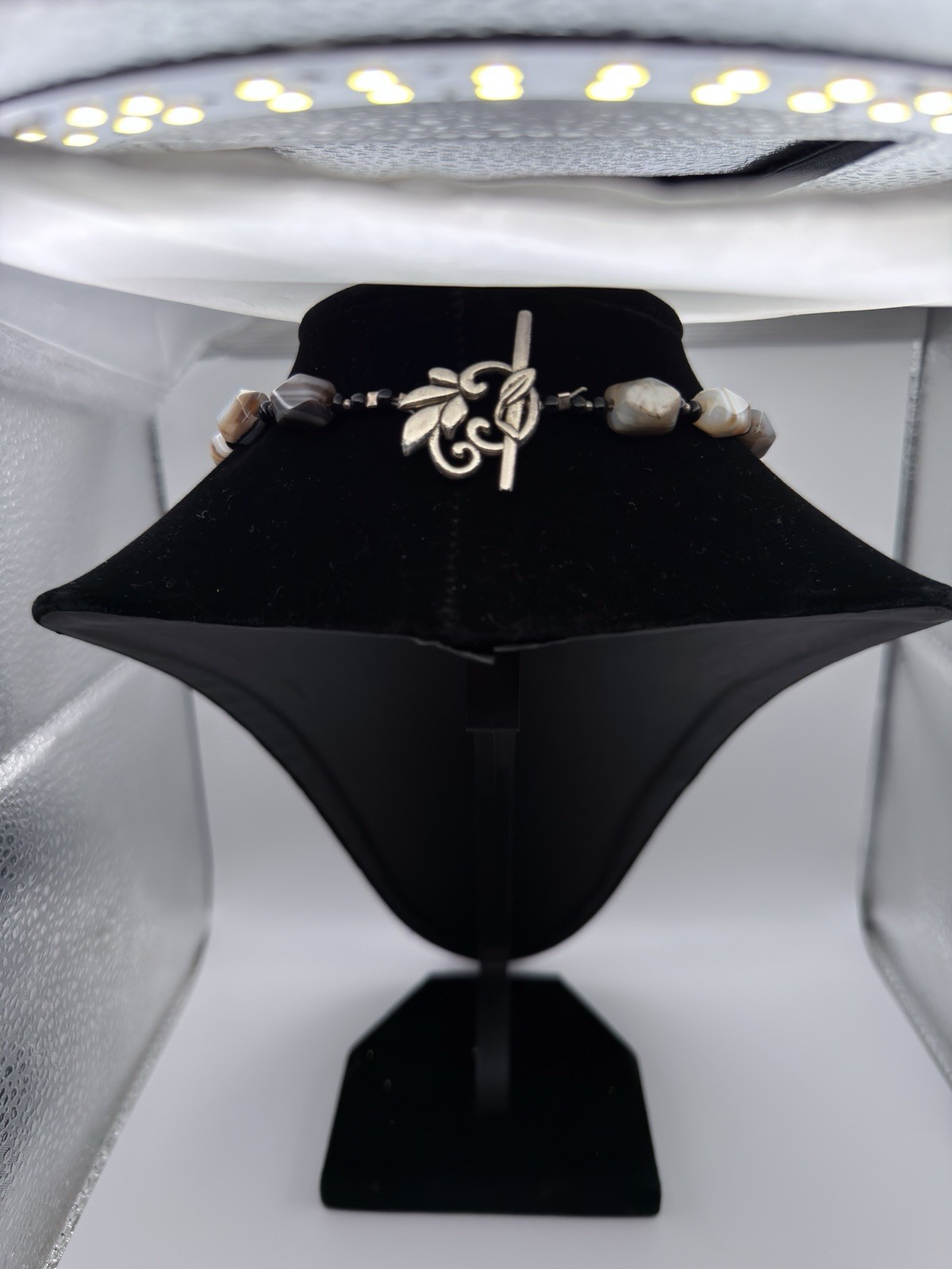 Vintage Agate Beaded 925 Sterling Silver Necklace Toggle Closure