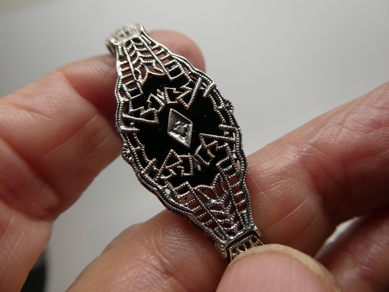 Vintage Diamond & Onyx Sterling 925 Filigree Tennis Style Bracelet Size 6 3/4″