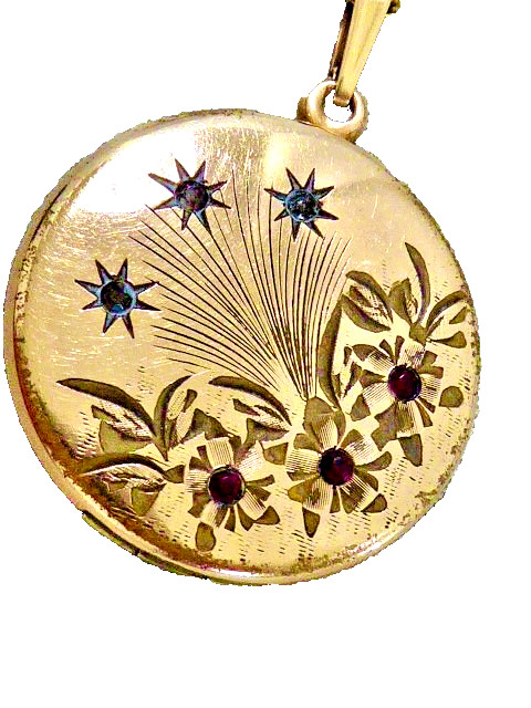 VICTORIAN 14K Y GOLD FILLED SHOOTING STARS LOCKET 1 1/4″ NECKLACE 1874 DATE