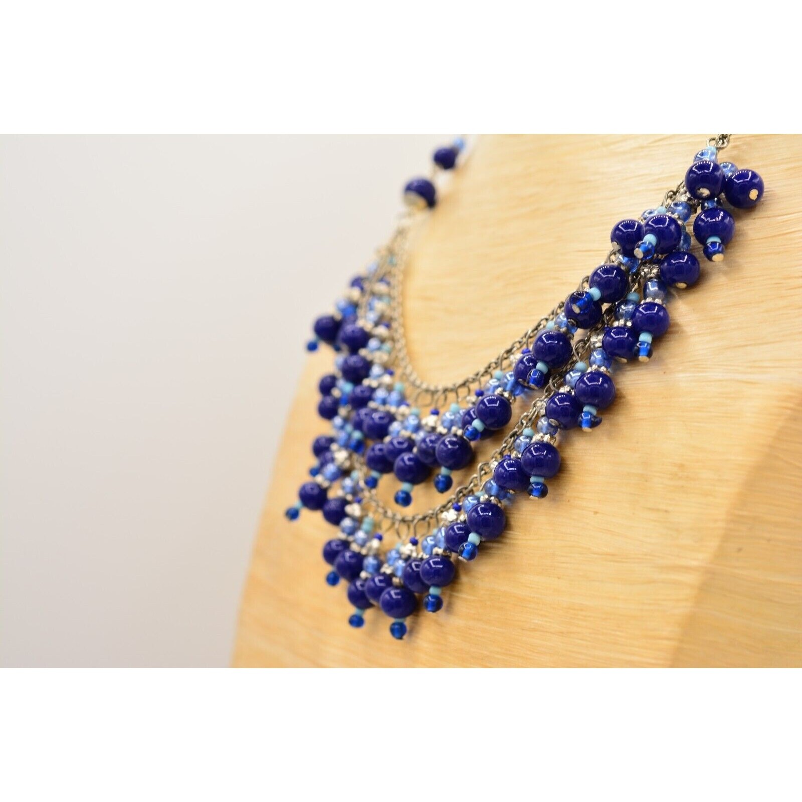 Vintage Beaded Necklace Glass Blue Silver Evil Eye Mediterranean Fringe 1990s 9A