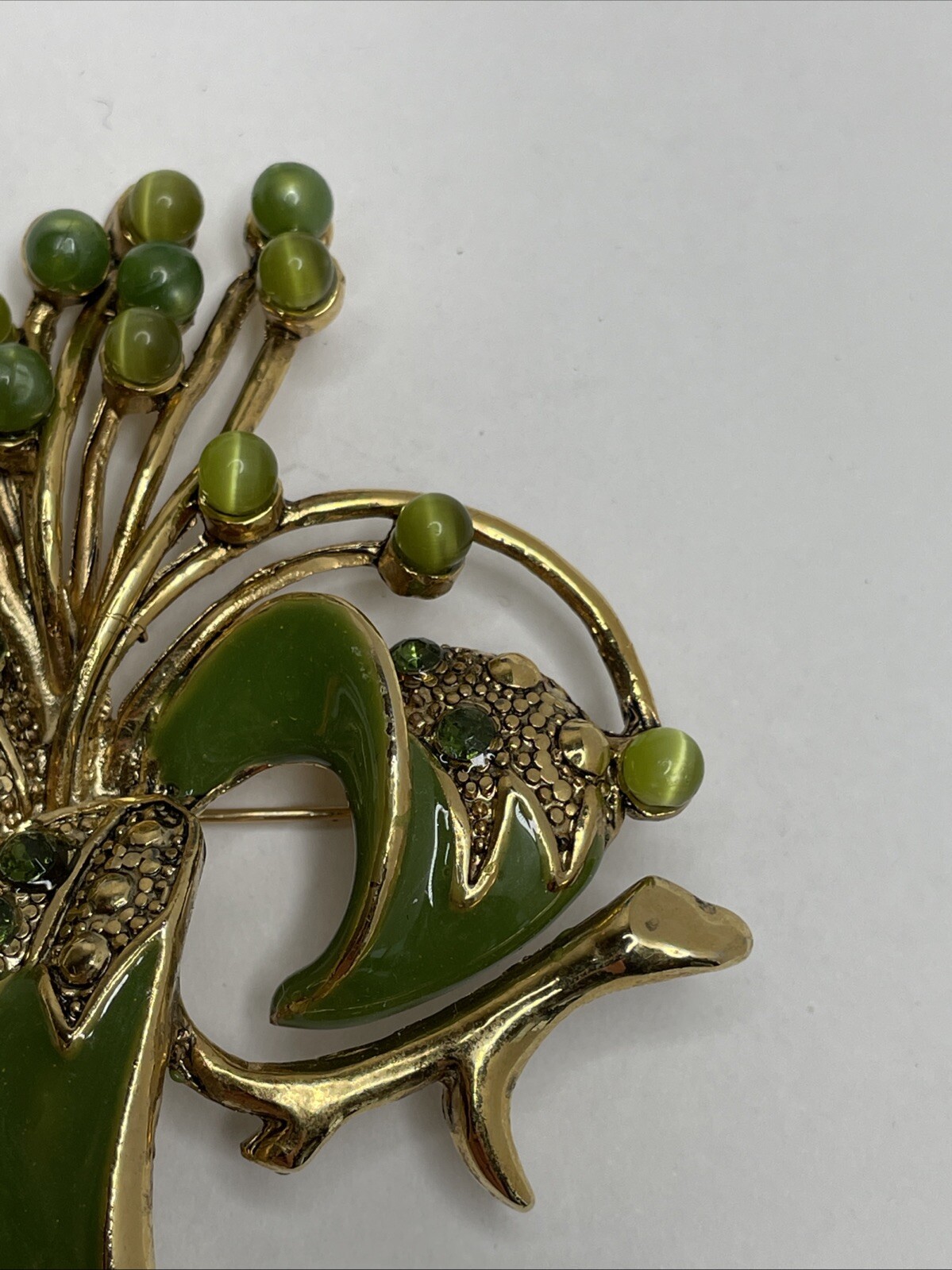 Vintage Green Enamel Floral Brooch Pin with Green Rhinestones and Cabochons RARE