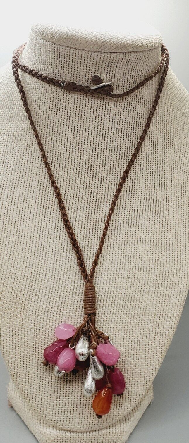 Purple & orange glass and silvertone bead Braided Leather cord 26″ necklace te03