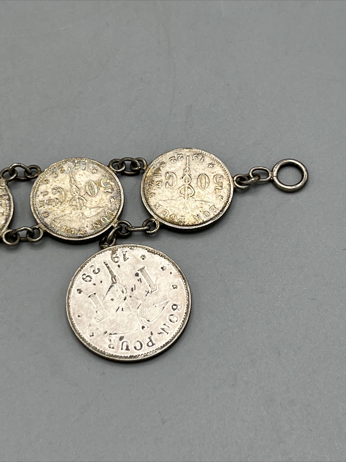 Belgian Silver Coin Bracelet Org Belgium Currency Hook Clasp 7″ Vintage