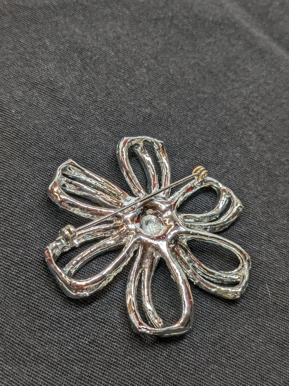 Vtg Flower Brooch Red Baguette Rhinestone AB Crystal Silver Tone Starburst Pin