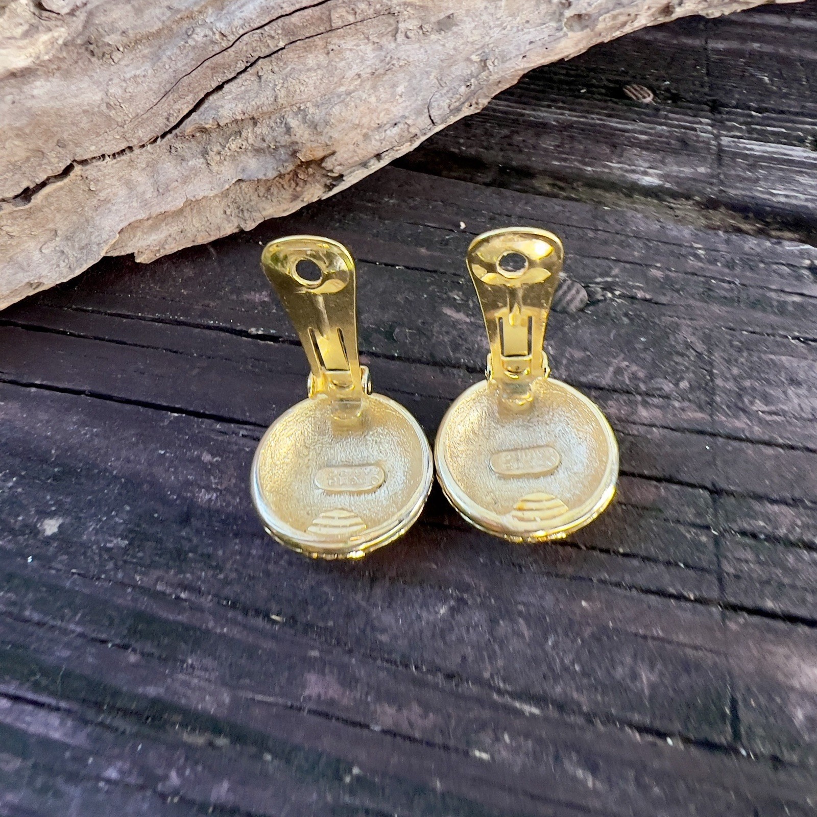 Vintage Orena Paris Woven Iridescent Gold Tone Button Clip Earrings Signed