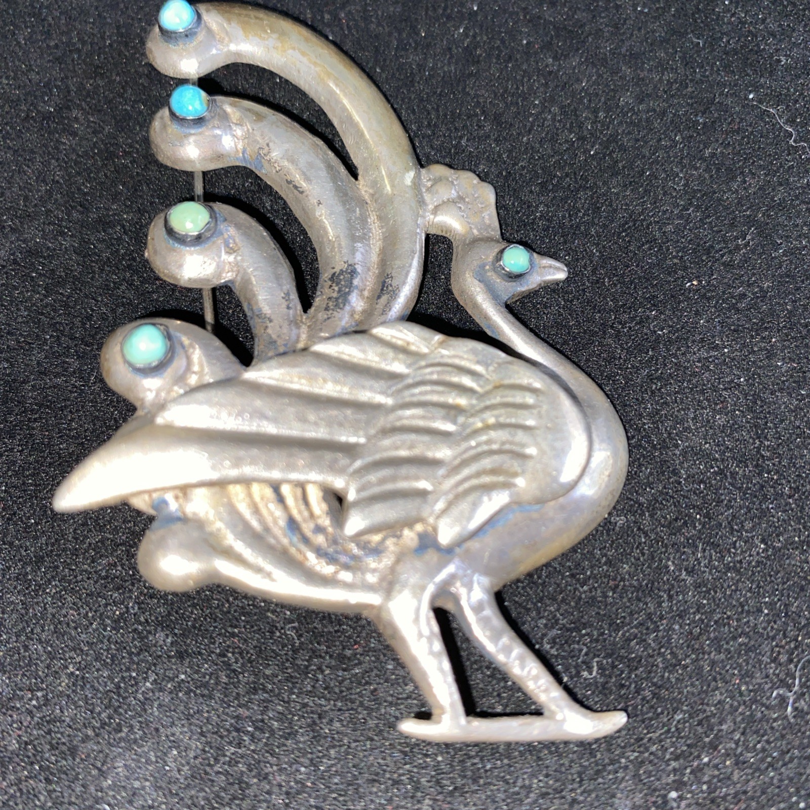 Vtg Peacock Pin Marked Silver Mexico With Turquoise Appox. 33gr Dimensional