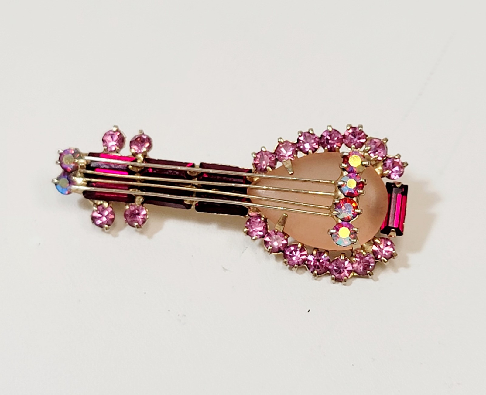 Vintage Estate High End Red Pink AB Rhinestone Lute Guitar Brooch