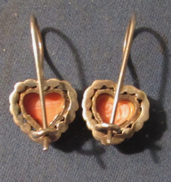 VINTAGE STERLING SILVER SIGNED FAS CORAL & MARCASITE HEART SHAPE EARRINGS