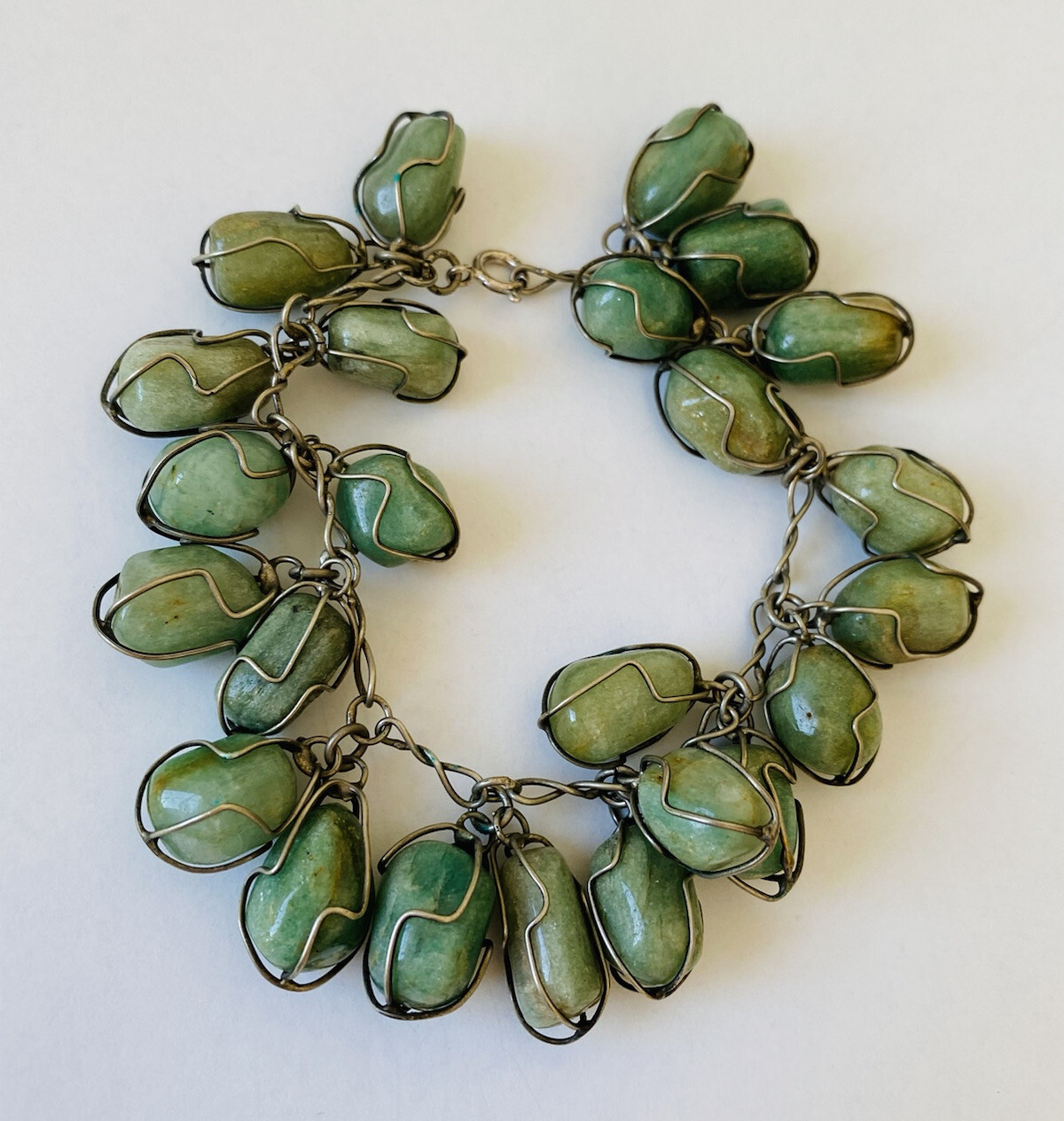 Vintage Sterling Silver Green Jade Tumbled Stone Wire Wrap Link Bracelet 7”
