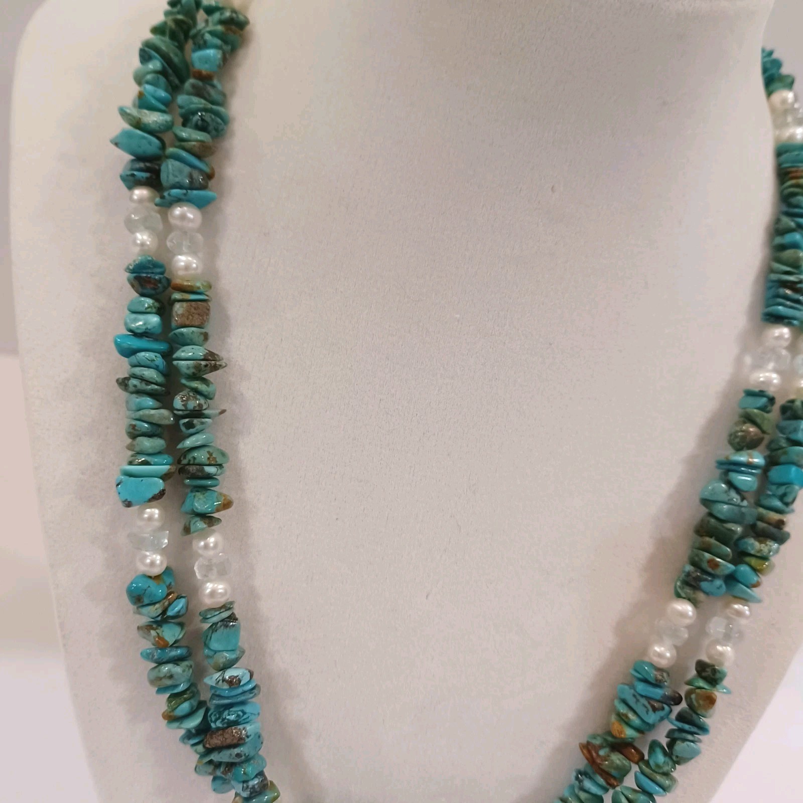 Vintage Double Strand Real Chip Turquoise And Pearl Necklace 925 Sterling 18″
