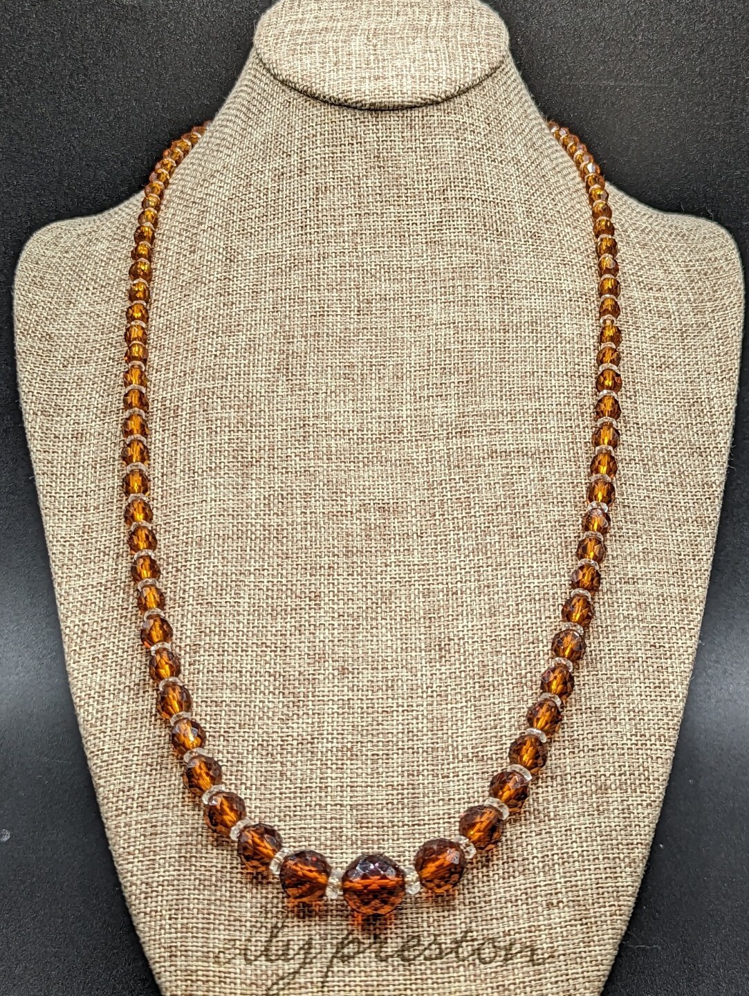 Faceted Amber Topaz Colored Glass Clear Crystal Graduated Bead Necklace 28″
