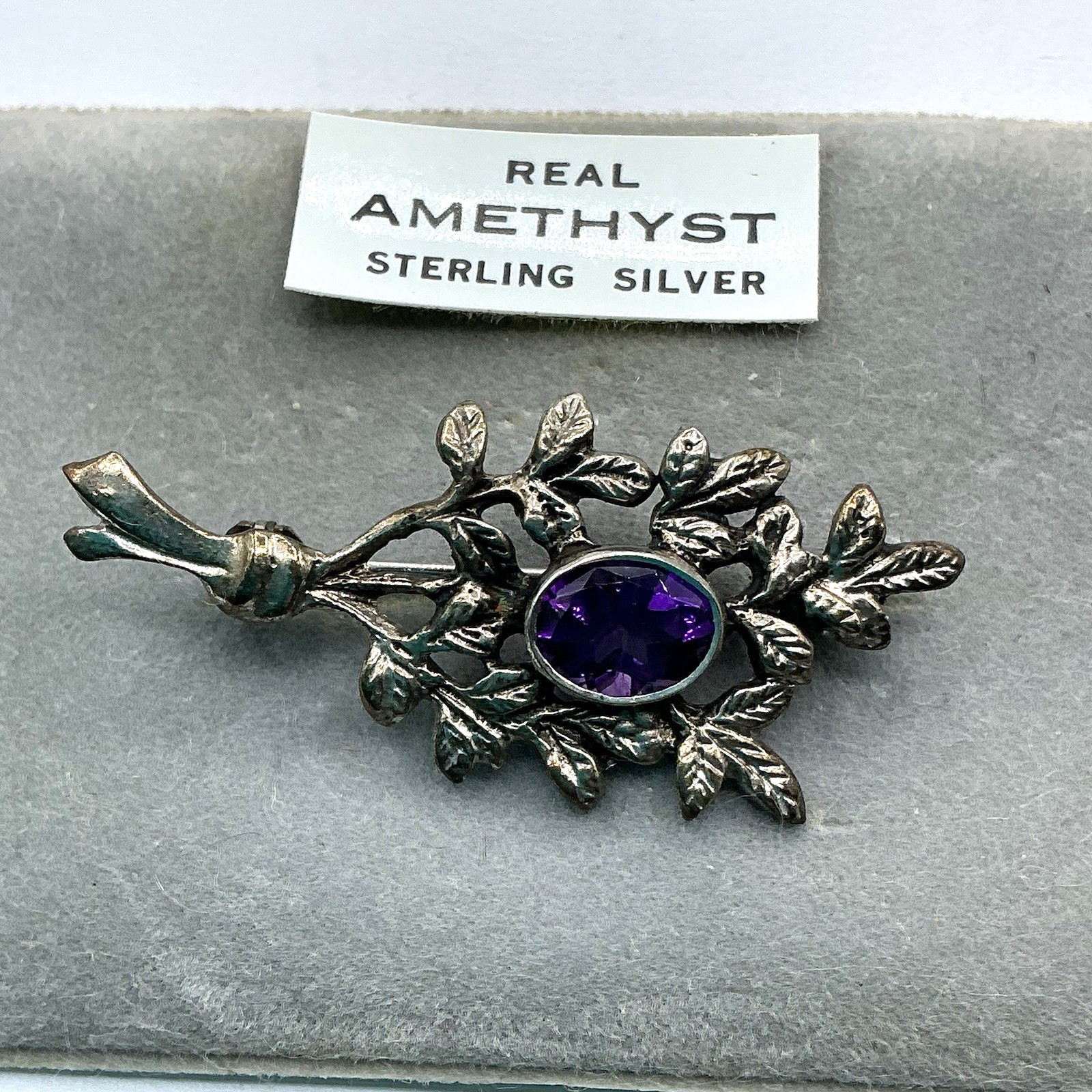 Shiptonia Sterling Silver Amethyst Art Nouveau Branch Leaf Nature Brooch Pin