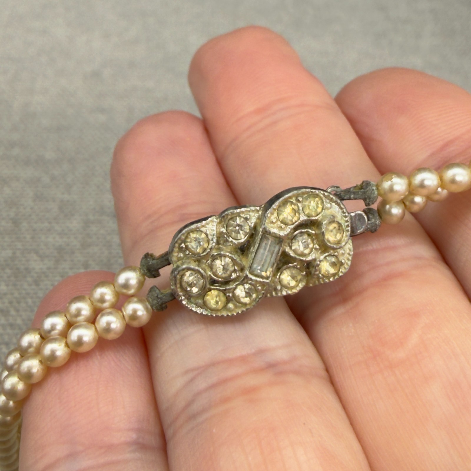 Vintage Art Deco Pearl Necklace Double Strand Box Clasp Rhinestones 17 Inches