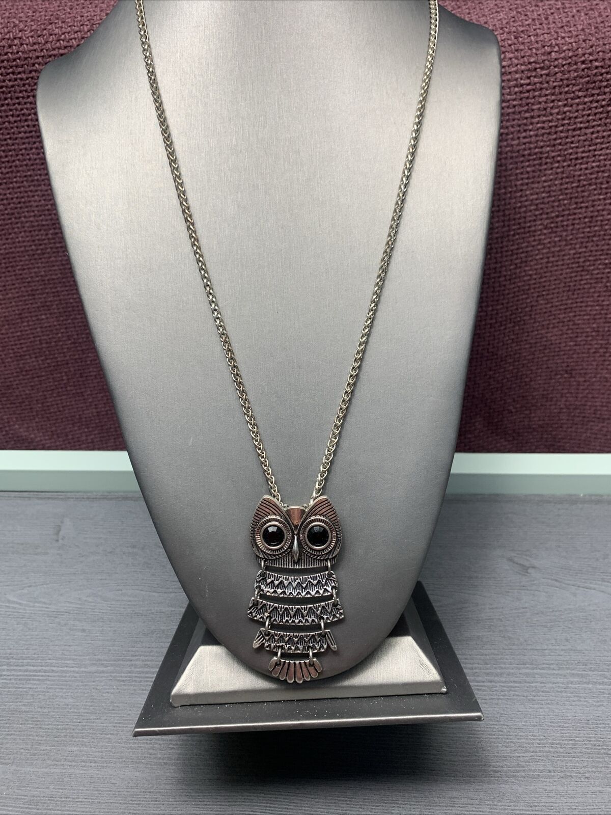 Vintage articulated, owl, rhinestone eyes wheat link chain, Pendant Necklace 24