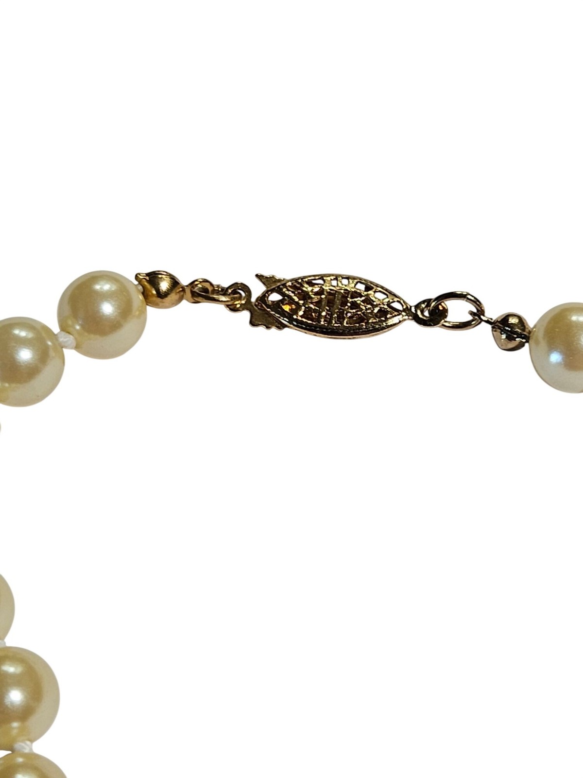 Vintage Glass Faux Pearl Knotted Beaded Necklace Goldtone Fishhook Clasp 19 inch